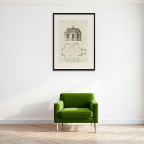 Antique Print of the Church of Leiden by Van Mieris, 1784, shown framed on a wall, true to size