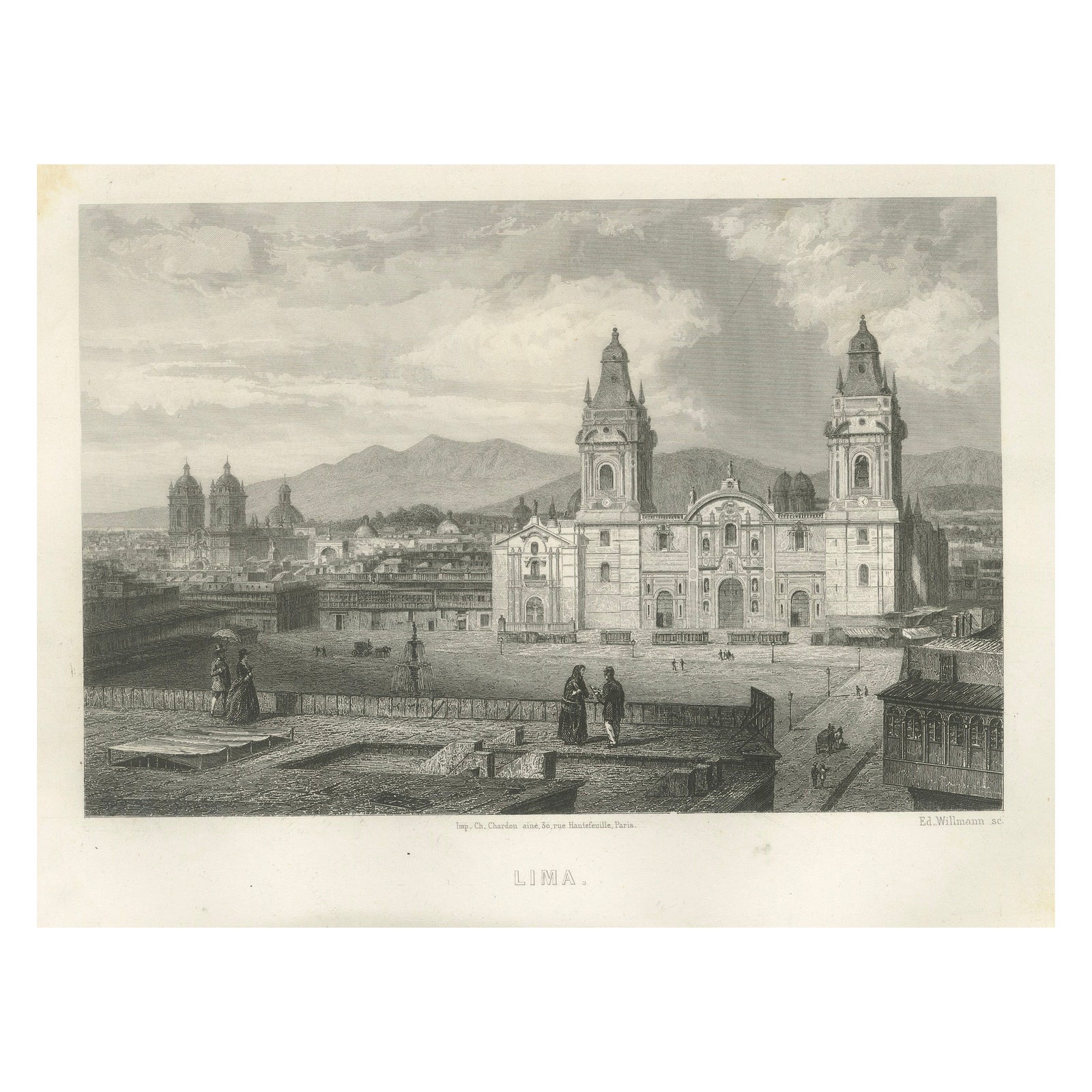 Rare Antique Engraving, Lima, Peru with Cathedral and Plaza Mayor, 1867