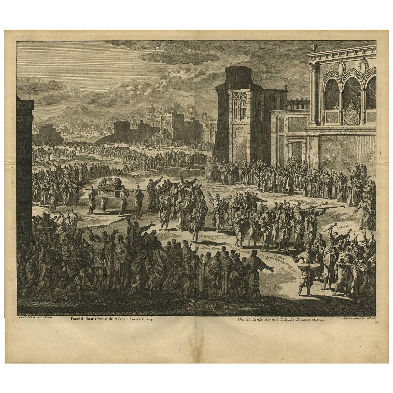 Antique Bible Print David Dancing for the Ark by J. Luyken, 1743