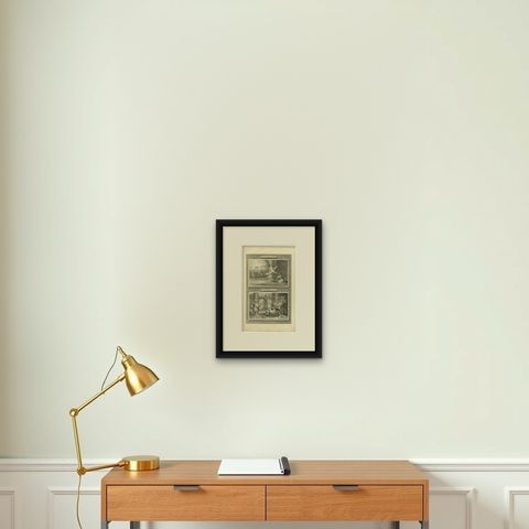 Isaiah's Vision and Jeremiah Drawn from the Pit, Pieter Mortier, circa 1700, shown framed on a wall, true to size