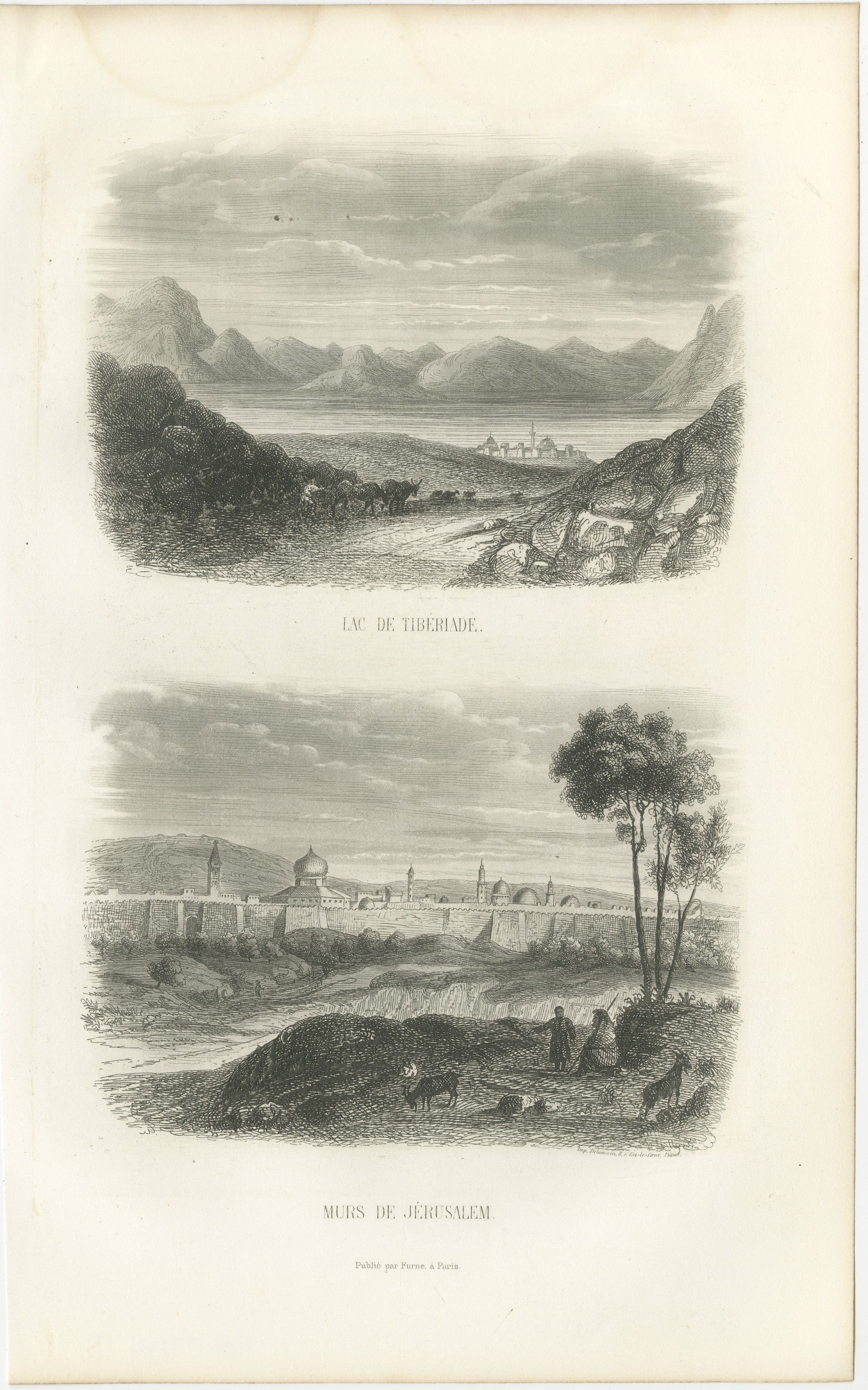 Sea of Galilee at Tiberias and Walls of Jerusalem, Antique Print, 1859, view 2