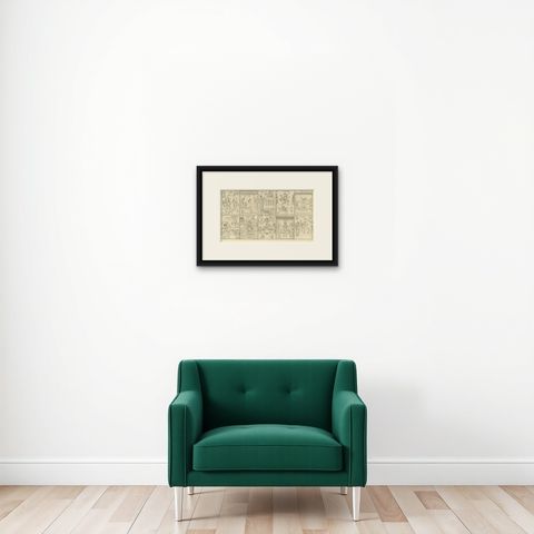 Religious Antique Print of The Ten Divine Transformation, 1727, shown framed on a wall, true to size