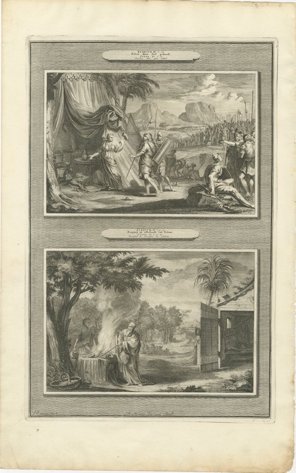 Jael Kills Sisera and the Calling of Gideon, Mortier Bible circa 1700