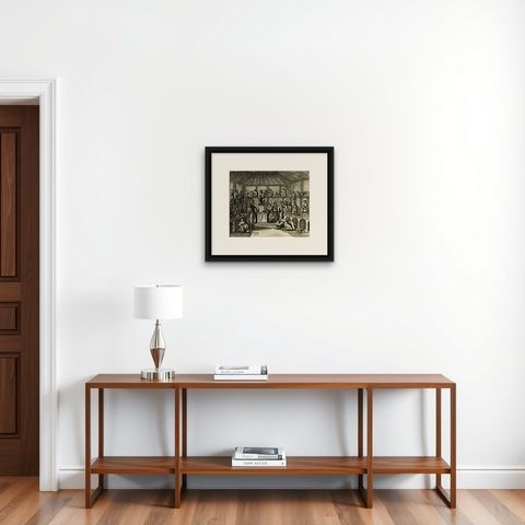 Antique Engraving with a Description of the Monkey Temple in Japan, 1669, shown framed on a wall, true to size