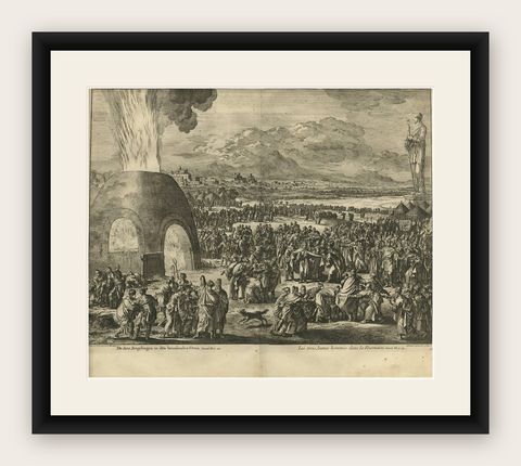 Antique Bible Print the Fiery Furnace by J. Luyken, 1743, shown framed