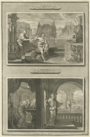David Sees Bathsheba and Nathan Rebukes David, Pieter Mortier, circa 1700