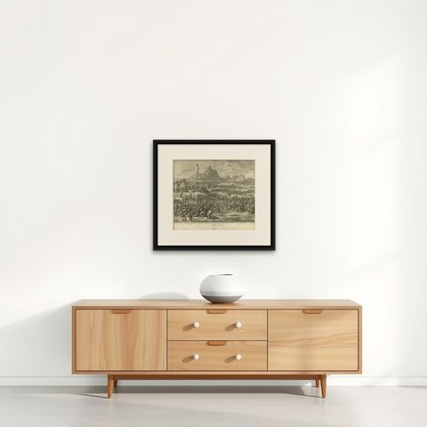 Antique Bible Print Children of Israel gathering the Manna by J. Luyken, 1743, shown framed on a wall, true to size