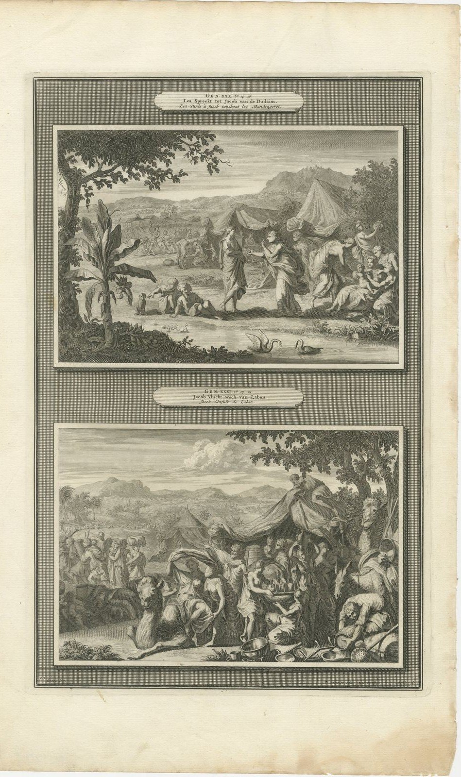 Leah and the Mandrakes and Jacob Flees from Laban, Mortier Bible circa 1700