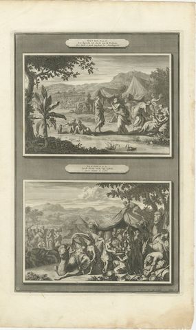 Leah and the Mandrakes and Jacob Flees from Laban, Mortier Bible circa 1700