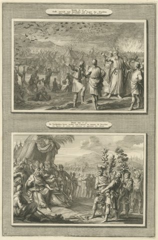 Quails in the Camp and the Spies Return from Canaan, Mortier Bible circa 1700