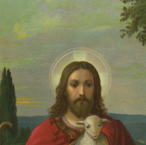 Christ the Shepherd, Beautiful Catholic Chromolithograph Artwork, ca.1900, close-up 4