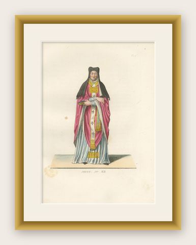Religious Costume c.1400, Antique 1845 Print of Ecclesiastical Figure, shown framed