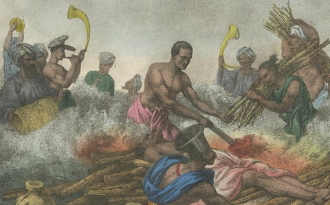 Historical Depiction of a Widow's Sacrifice on a Funeral Fire in India, 1827, close-up 2