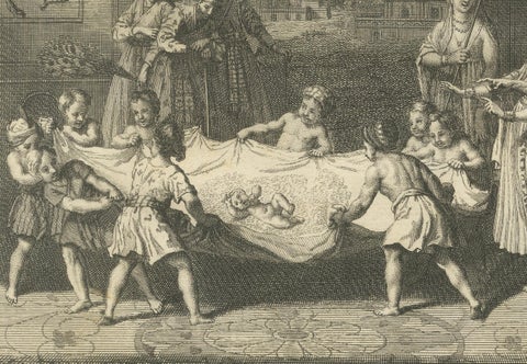 Birth and Naming Rituals of the Banians, Rare 1734 Indian Custom Engraving, close-up 2