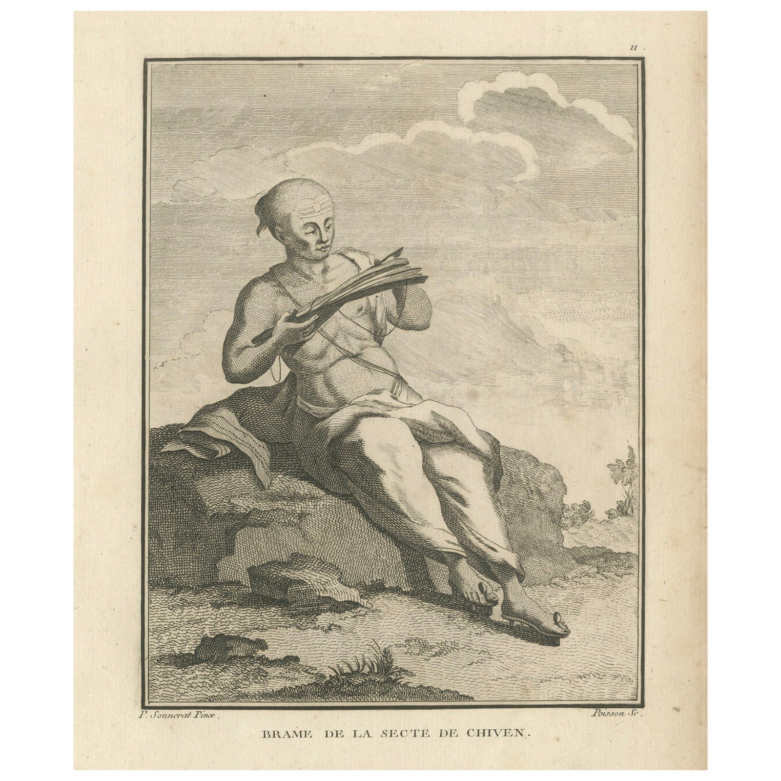 Shaivite Brahmin Reading Scriptures, Sonnerat Engraving, India, Paris 1806