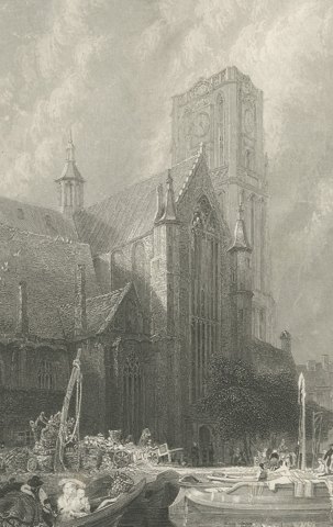 St. Lawrence Cathedral, Rotterdam, Antique Engraving after G. Balmer, circa 1834, close-up 3