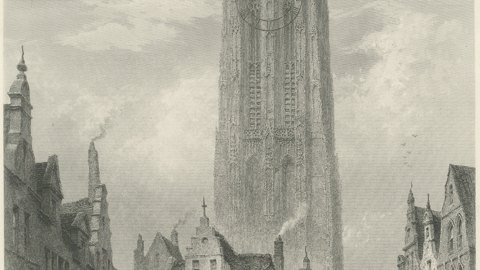 Malines Cathedral, Belgium, Antique Steel Engraving by J.J. Crew, circa 1877, close-up 1