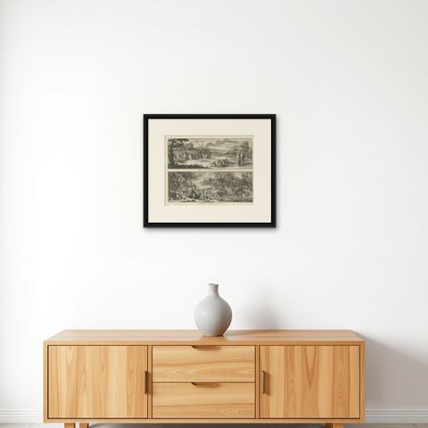 Print of Mourning of Greek Widows in Rama and Baptism in The River Jordan, 1730, shown framed on a wall, true to size