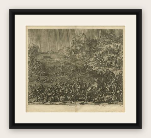 Antique Bible Print The great Flood by J. Luyken, 1743, shown framed