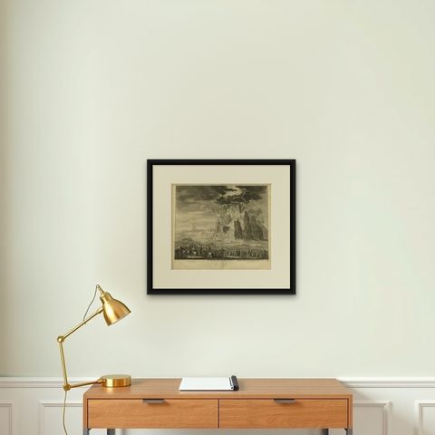 Original Antique Bible Print Law Given at Mount Sinai, 1743, shown framed on a wall, true to size