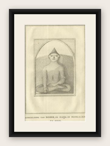 Seated Buddha at Gaya, Antique Dutch Print of a Statue in Bengal, ca. 1800, shown framed