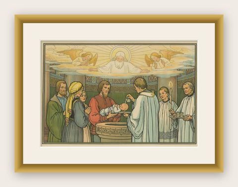 Antique Religion Print of the Seven Sacraments, Baptism, 1913, shown framed