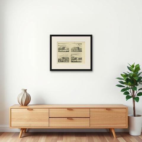 Antique Print of various Churches on Ceylon by Churchill, 1744, shown framed on a wall, true to size