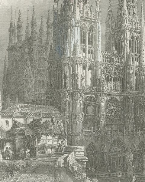 Burgos Cathedral, Spain, Antique View of the Gothic West Front, circa 1850, close-up 1