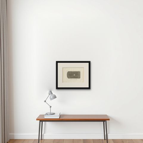 Antique Print of Buddha's Footprint by Symes (1800), shown framed on a wall, true to size