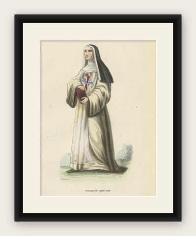 Antique Print of a Trinitarian Nun, 1845, shown framed