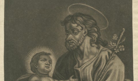 St. Joseph with the Christ Child, Antique Mezzotint, J.E.Haid Augsburg, ca.1799, close-up 3