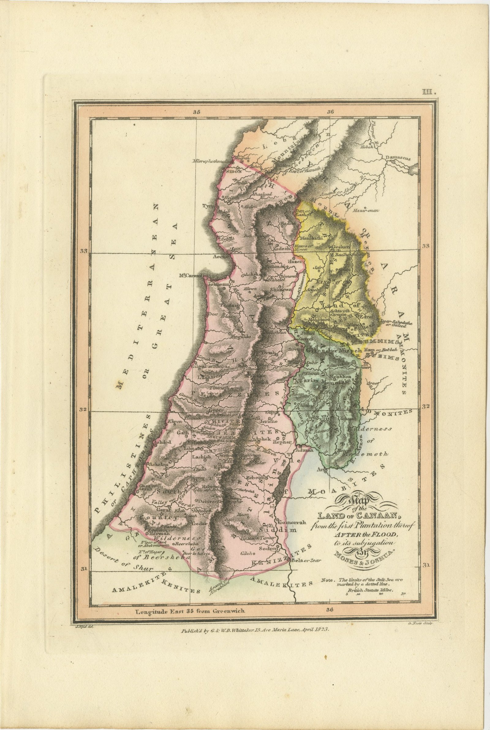 Canaan from the Flood to Moses and Joshua, Antique Hand-Colored Map, 1823
