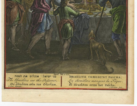 Israelites at the Paschal Meal, Hand-Coloured Bible Engraving, 18th Century, close-up 2
