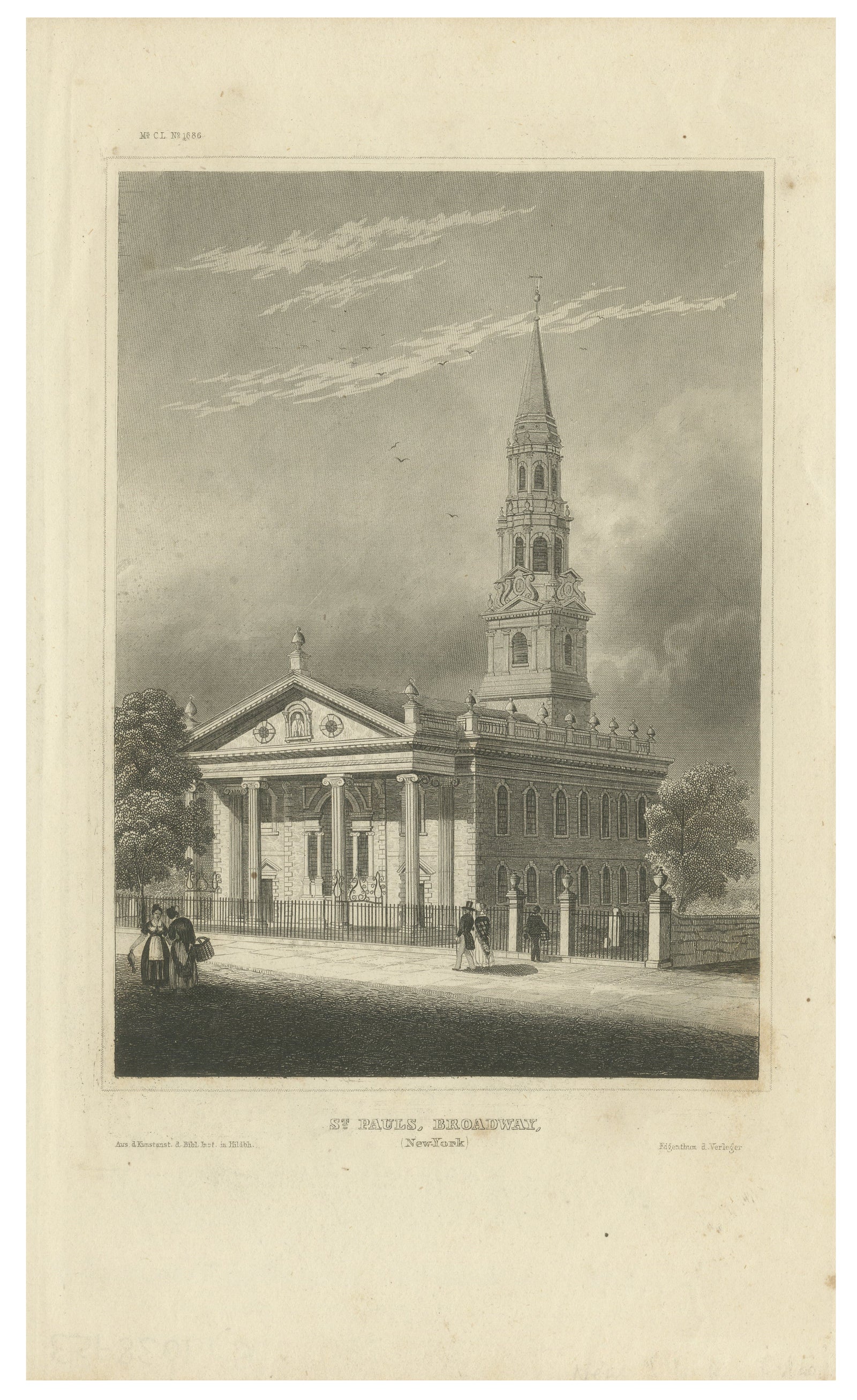 St Paul’s Broadway New York, Antique Engraving Church View, ca.1850