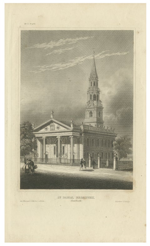 St Paul’s Broadway New York, Antique Engraving Church View, ca.1850