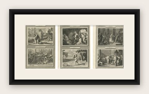 Dutch Baroque Biblical Engravings, 3 Double-Scene Plates by Pieter Mortier, 1700, shown framed
