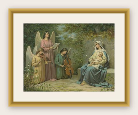 Virgin Mary with Christ Child & Angel Musicians, German Chromolithograph, 1900, shown framed