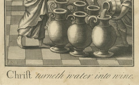 Christ Turns Water into Wine Engraving, John II Wedding at Cana c.1735, close-up 1