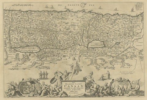 Promised Land of Canaan, Antique Map of Israel with Biblical Scenes, van Jagen, close-up 1