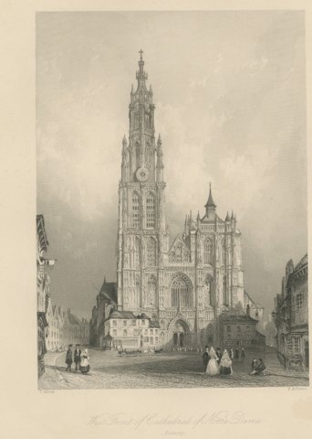 West Front of Antwerp Cathedral, Antique Engraving after Allom, circa 1850