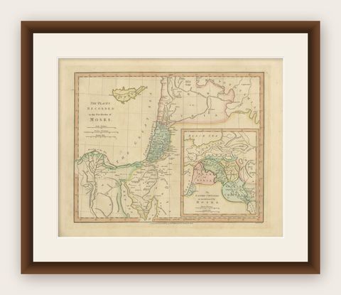 Places Recorded in the Five Books of Moses, Biblical Holy Land Map, 1827, shown framed