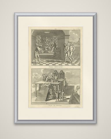 Mexican Penitence and Human Sacrifice, 1734 Engraving of Aztec Religious Rites, shown framed
