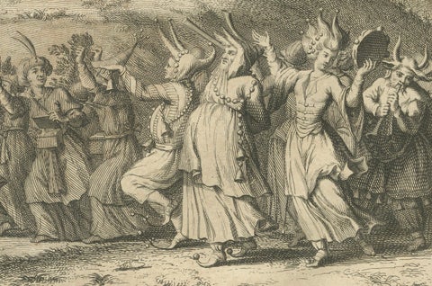 Procession of Ganga and Festival of Huly, Antique 18th Century India Engraving, close-up 1