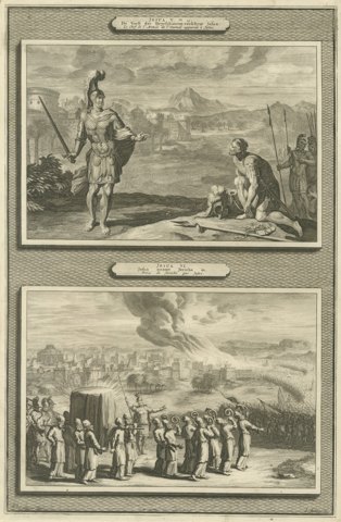 Joshua Meets the Angel and the Fall of Jericho, Mortier Bible circa 1700