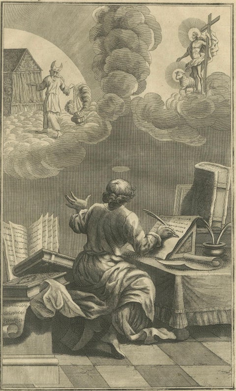Epistle to the Hebrews Engraving, Paul, Law & Gospel Allegory c.1735, close-up 6