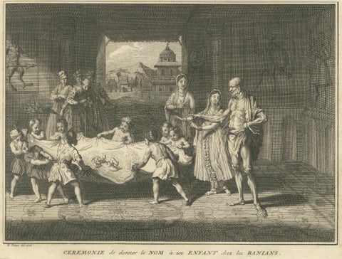 Birth and Naming Rituals of the Banians, Rare 1734 Indian Custom Engraving, close-up 3