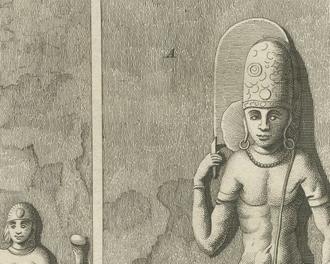 Elephanta Cave Sculptures at Stations 13 and 14, Antique Print, 1780, close-up 3