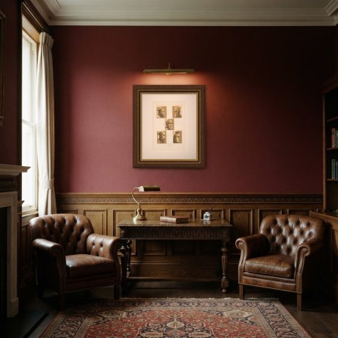 Carved Stall Heads at Vitteaux, Côte d'Or, Antique Print, 1851, shown framed in a room, true to size