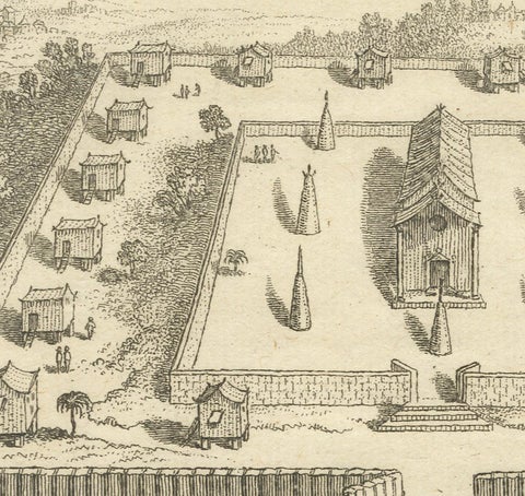 Engraving of Thai Buddhist Temple and Monastery in Ayutthaya, Siam, 1751, close-up 2