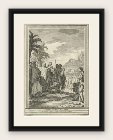 Antique Print of the Baptism of the King of Congo in Africa, 1747, shown framed